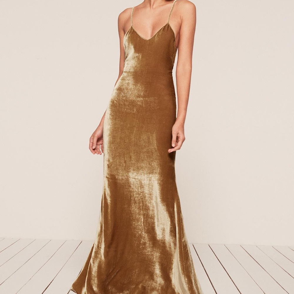 Reformation Velvet maxi evening dress-green